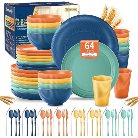 Wheat Straw Dinnerware Sets,64- Plates and Bowls Sets for 8-Unbreakable, Plastic Dish Set-Dinner Plate/Dessert Plate/Cereal Bowl/Cup/Utensils-Dishwasher Safe 64P-JadePeak Lake Sunset