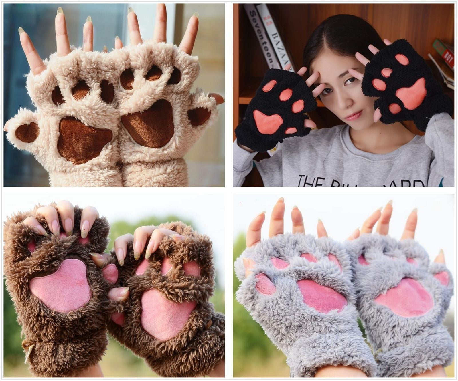 Brown Warm Half Finger Cat Claw Glove Cat Claw Paw Winter Plush Half Finger Gloves Mitten for Girls Women Womdee Half Finger Cat Claw Gloves