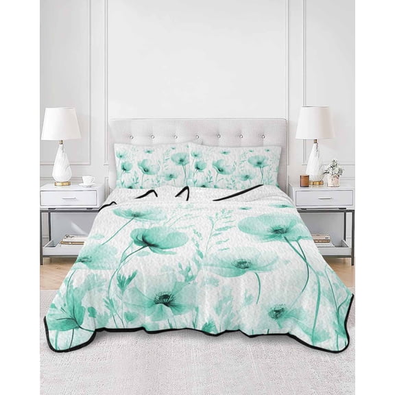 Quilts Full Size, Teal Spring Floral Soft Comforter Bedding Set for Bed, Summer Botanical Watercolor Vintage Lightweight Quilted Bedspread with Pillow Cover(2 Pieces) for All Season, 78x90 Inch