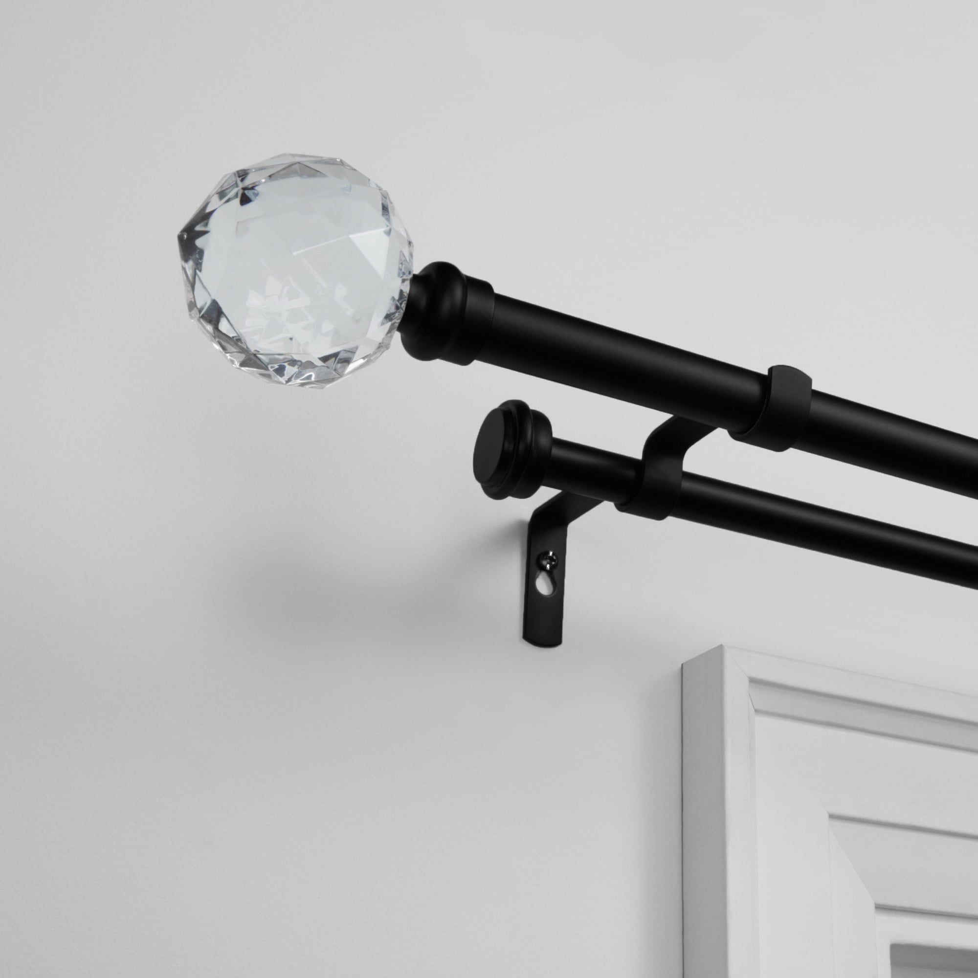 Exclusive Home Crystal Ball Double Curtain Rod and Finial Set, Matte Black, 36"-72"