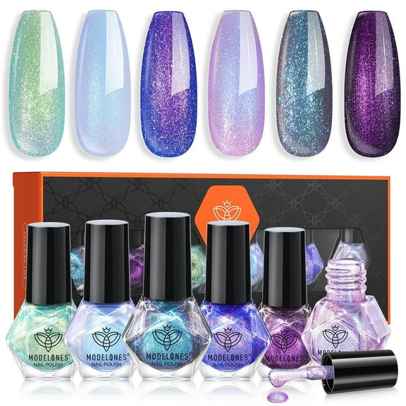 modelones Chameleon Nail Polish Set 6 Colors, Green Glitter Pink Blue Purple Holographic Quick Dry Mini Nail Lacquer Kit Gray Aurora Shimmer DIY Nail Art Manicure Gift For Women Girls