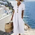 thumbnail image 2 of Women's Summer V Neck Midi Dress with Pockets, Casual Ruffle Short Sleeve Cotton Linen Texture Dress, Large Button Decor Sundress, 2 of 4