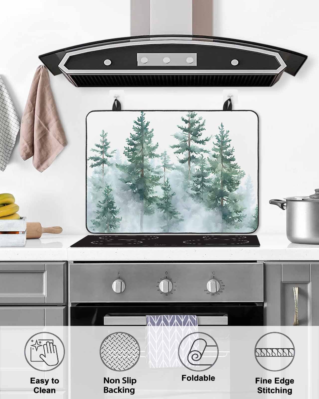 nqOlkjepod Large Induction Cooktop Protector Mat 24"x21", Forest Green Ombre Stove Top Covers for Electric Stove, Watercolor Sage Green Trees Stove Burner Cover Mats, Glass Top Stove Cover