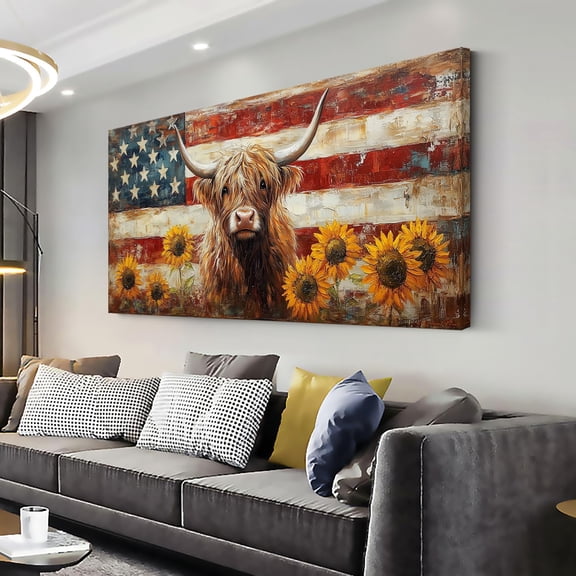 WFSposterCountry Highland Cow Wall Art for Living Room Rustic Retro Vintage American Flag Sunflower Canvas Painting Prints Highland Cattle Artwork Farmhouse Bedroom Office Decor