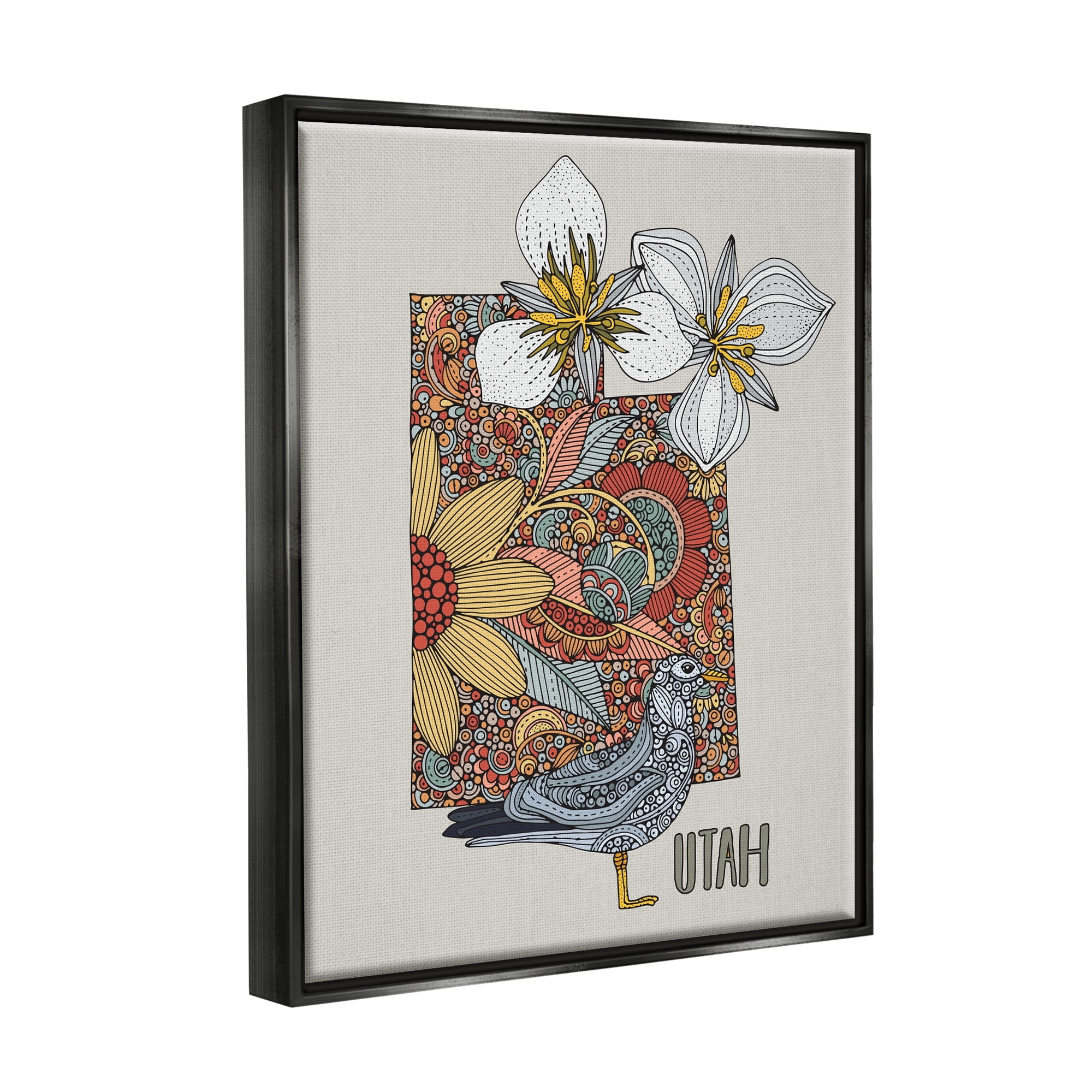 Stupell Industries Utah State Bird & Flower Intricate Floral Pattern Graphic Art Jet Black Floating Framed Canvas Print Wall Art, Design by Valentina Harper