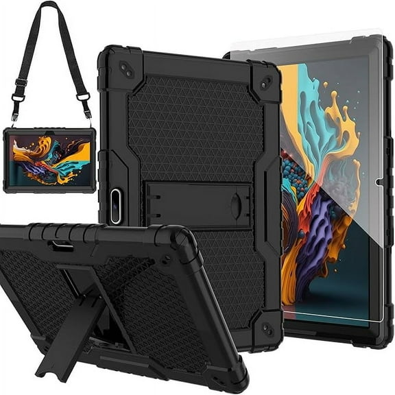 FIEWESEY Case for Pritom M10 /quntiCO Y10 /Digiland DL1036 /Voger priorpad X100 /VUCATIMES N10/Gateway 10.1 HD Tab Case with Stand Rubber Hybrid Come with 9H Tempered Glass Film (Black/Black/1 PC)