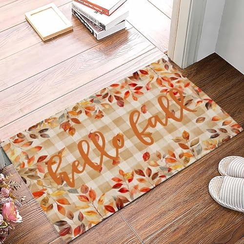 Doormat Indoor Entrance Home Decor Door Mat Hello Fall Floor Rugs for Kitchen Bathroom Orange Plaid Maple Leaf Botanical Rustic Funny Welcome Mat 16x24 Inch.
