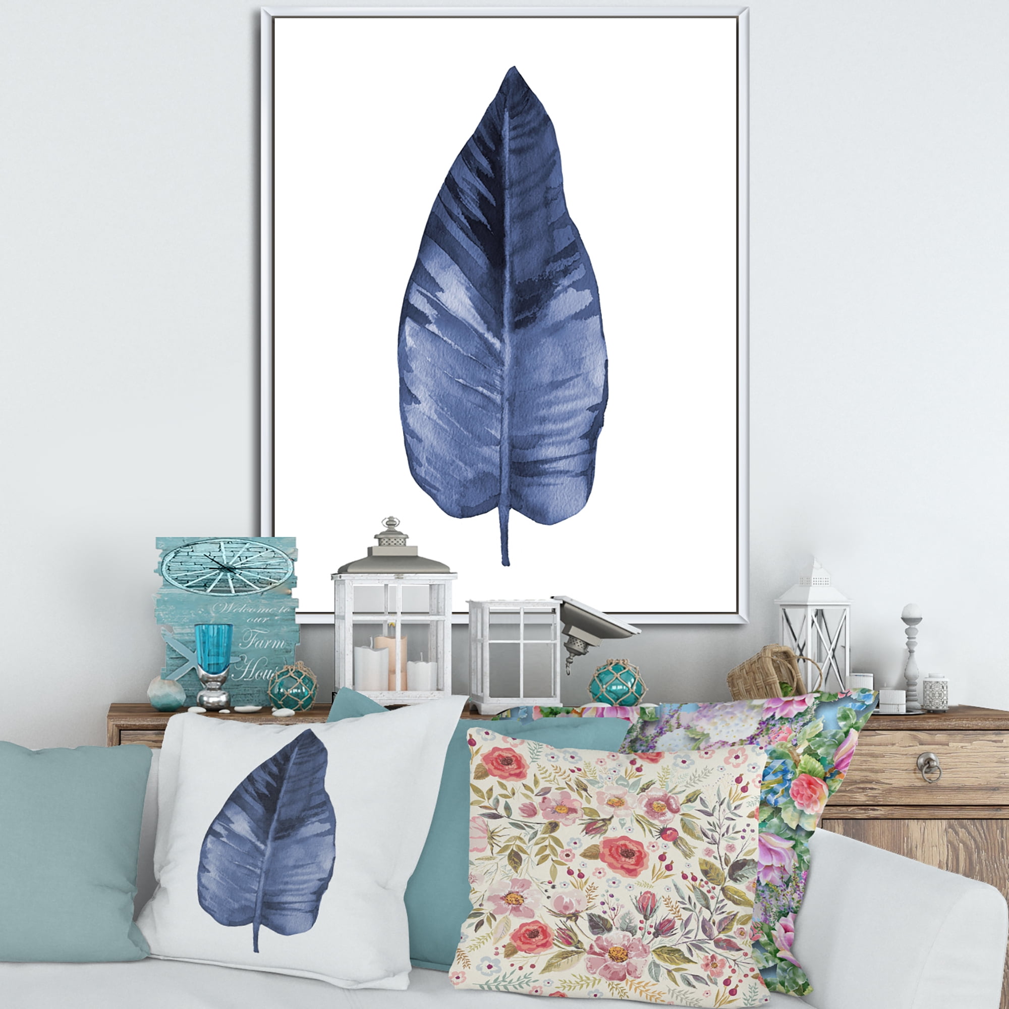 Designart 'Blue Leaf Watercolour On White Background' Traditional Framed Canvas Wall Art Print