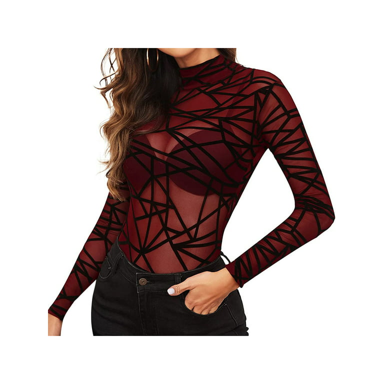 Women's Mesh Sheer Bodysuit Jumpsuits Sexy See through Long Sleeve Snaps Bodycon  Rompers Tops 