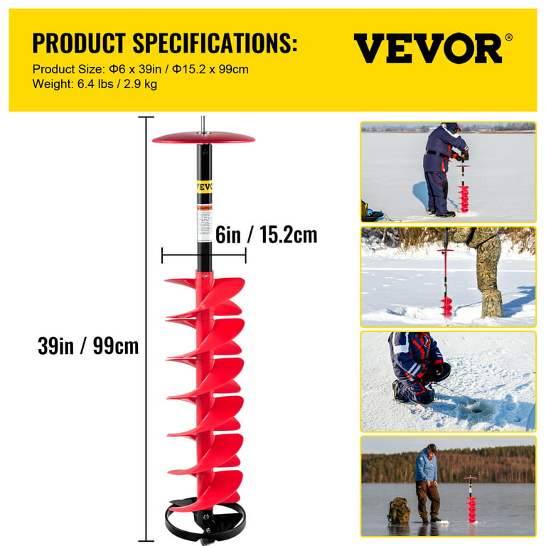 VEVOR Ice Drill Auger, 6 Diameter Nylon Ice Auger, 39 Length Ice Auger Bit,Auger Drill with 11.8 Extension Rod,Auger Bit w/ Drill Adapter,Top
