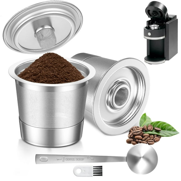 Lot de 2 Filtres K Cups Réutilisables Compatibles avec la Cafetière Keurig 1.0, Dosettes de Café Rechargeables en Acier Inoxydable pour Keurig, Réduire le Débordement, Sans BPA, Livré avec Cuillère de 15 ml, Brosse de Nettoyage et 4 Anneaux en Caoutchouc Supplémentaires