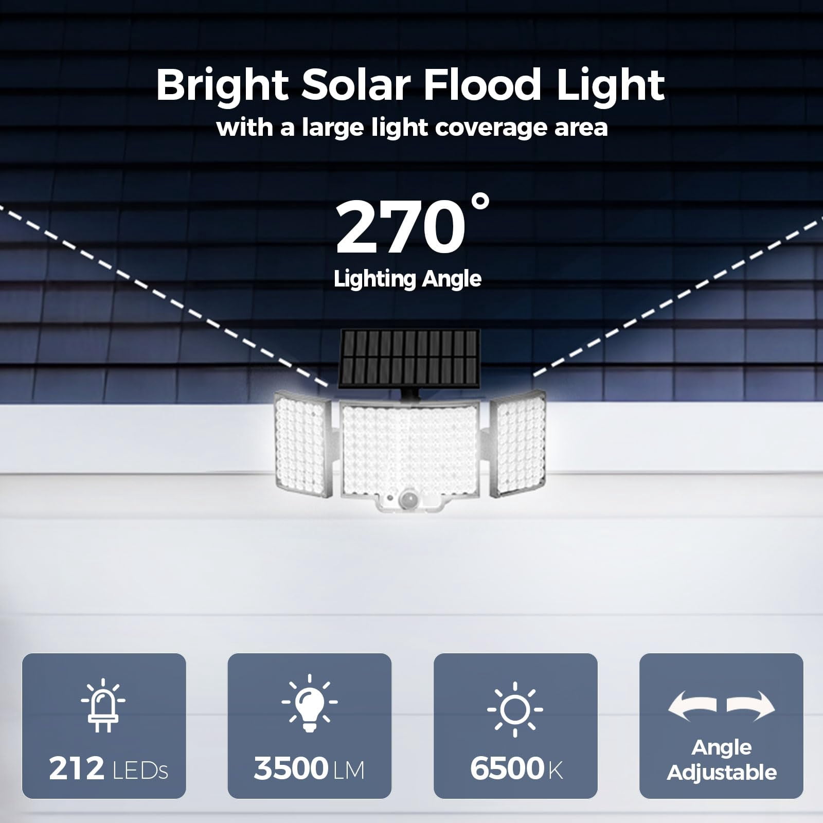 Solar Lights Outdoor, 3500LM 212 LEDs Flood Light 270° Wide Angle, Remote Control 3 Modes Motion Sensor Outdoor Lights, Solar Powered Security Light with 16.4 Ft Cable for Garage Yard, 2 Pack
