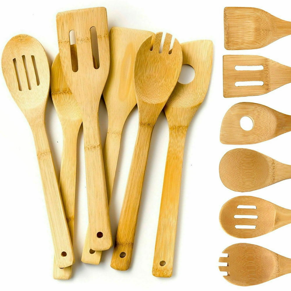 CableVantage 6 Piece Wooden Cooking Utensil Set Bamboo Kitchen Spatula