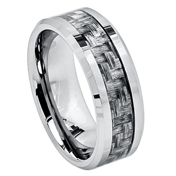 Custom Personalized Engraving Wedding Band Ring Set for Him & Her - 8mm Dark Grey Carbon Fiber Weave Inlay