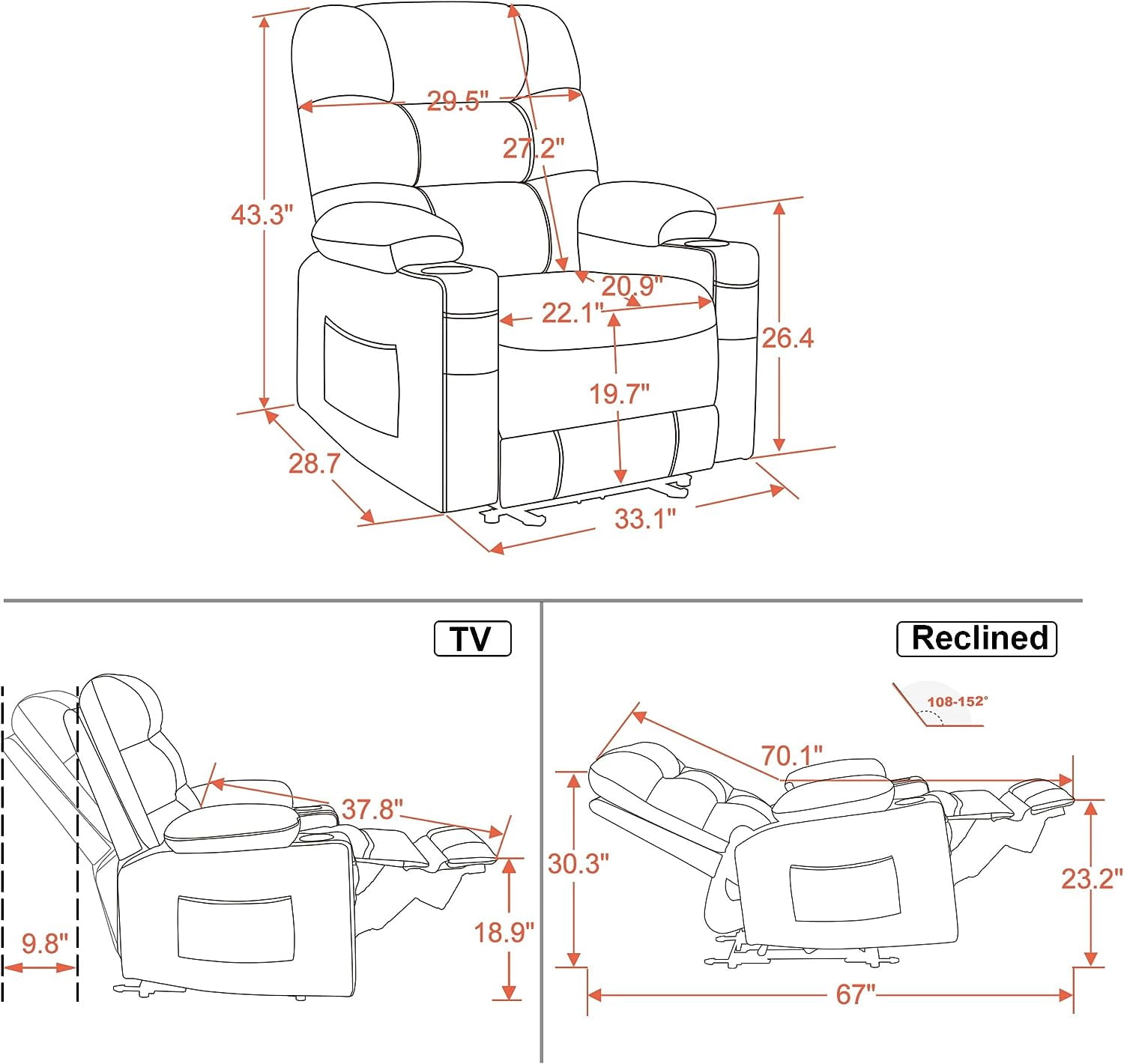 MCombo Power Recliner Faux Leather Living Room Electric Reclining Chair, No Lift, 621 (Light Grey)