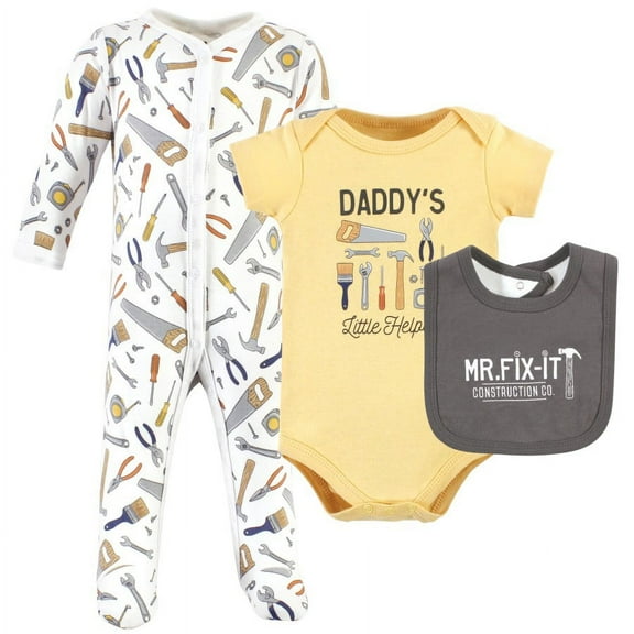 Hudson Baby Infant Boy Cotton Sleep and Play, Bodysuit and Bandana Bib Set, Construction Work, Newborn