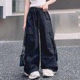 thumbnail image 2 of NOLDARES Girls Parachute Pants Kids Elastic Waist Wide Leg Cargo Pants Y2K Street Baggy Trousers with Pockets(Black,8-10 Y), 2 of 7