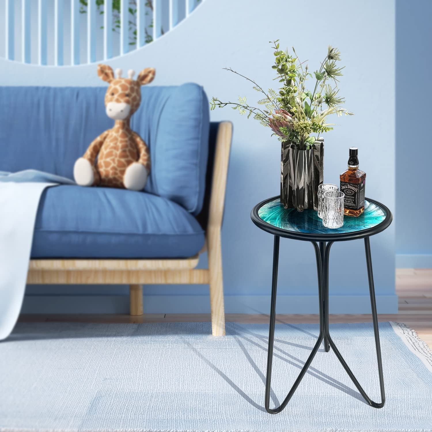 Liffy Blue Vortex Glass Side Table, 12" Round End Table, Plant Stand for Patio, Living Room