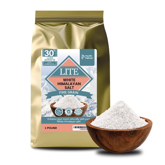 Pacific Pelican Iodized Lite White Himalayan Salt | 30% Less Sodium | Fine Grain, Unrefined, Pure Rock Salt, 100% Natural & Organic for Cooking, Seasoning & Wellness (1 LB)