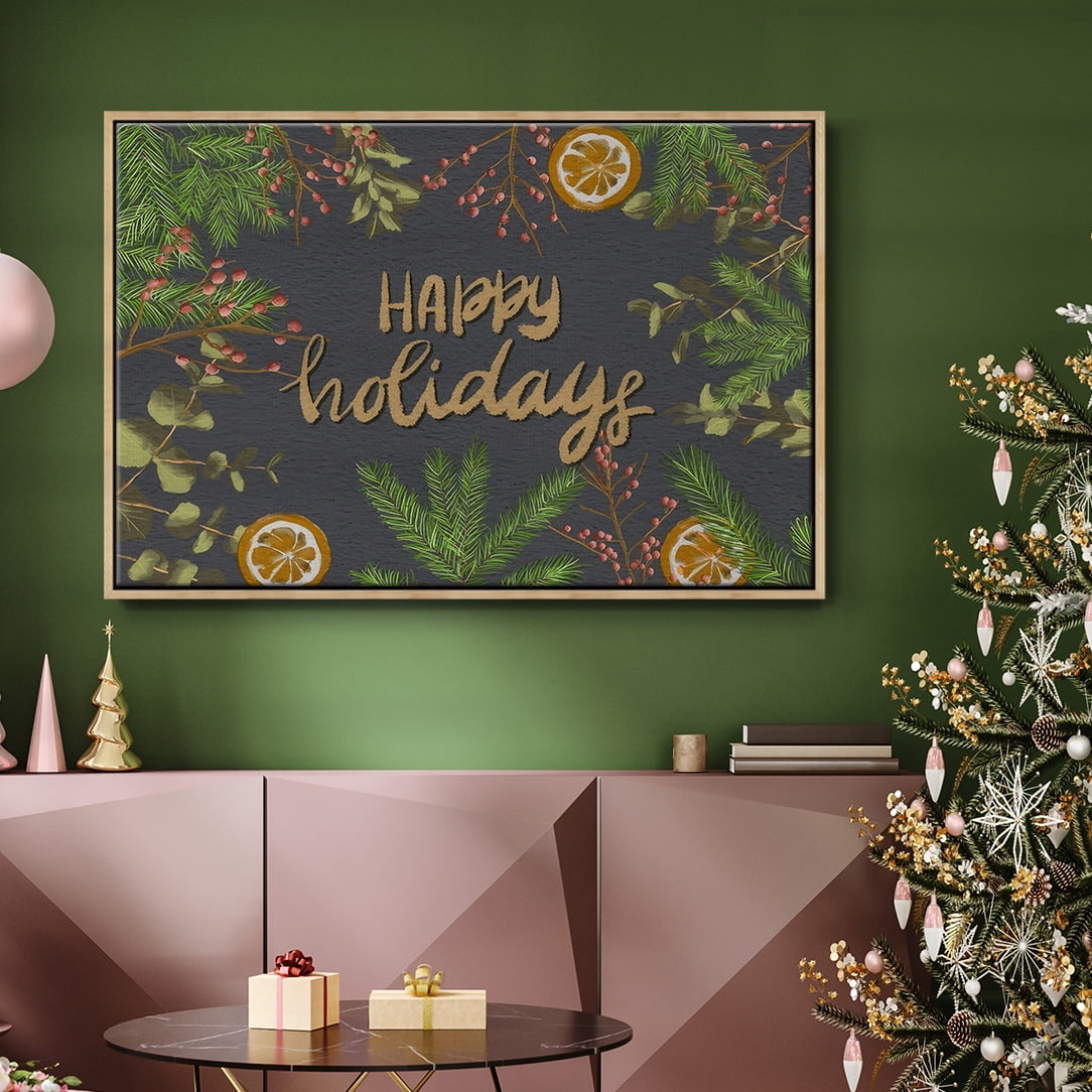 Holiday Sentiment II - Framed Gallery Wrapped Holiday Canvas - 17 x 25 - Natural Wood Frame