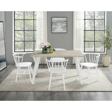Miekor Furniture Roundhill Alwynn White and Natural Wood 5-piece Dining Set, Dining Table with 4 Windsor Chairs B5A4047