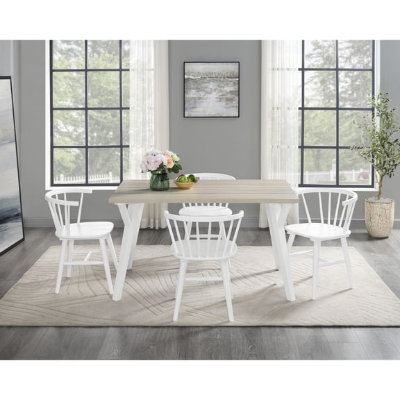 Miekor Furniture Roundhill Alwynn White and Natural Wood 5-piece Dining Set, Dining Table with 4 Windsor Chairs B5A4047