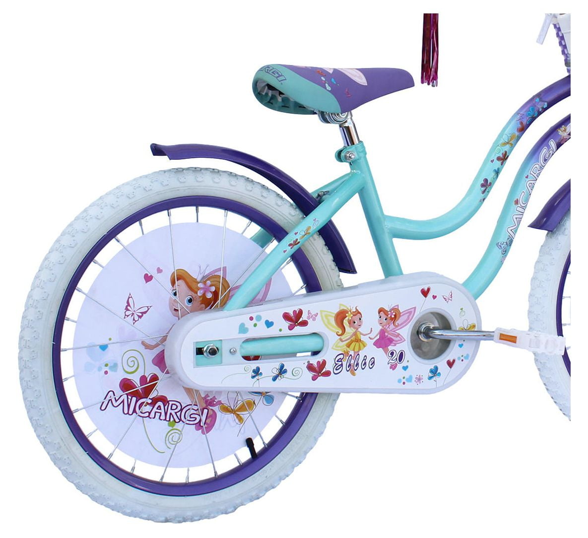 PlayWorld 20 In. Cruiser Steel Frame Bicycle Coaster Brake One Piece Crank, White Full cover Chain Guard, Purple Baskets, Fenders & Rims, White Tire Kid's Bike - Purple/Baby Blue