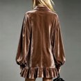 thumbnail image 3 of Morttic Women's Elegant Solid Color Short Dress – Collared Long Puff Sleeve Loose Ruffle Hem Spring Fall Going Out Dress Brown，XXXL, 3 of 4