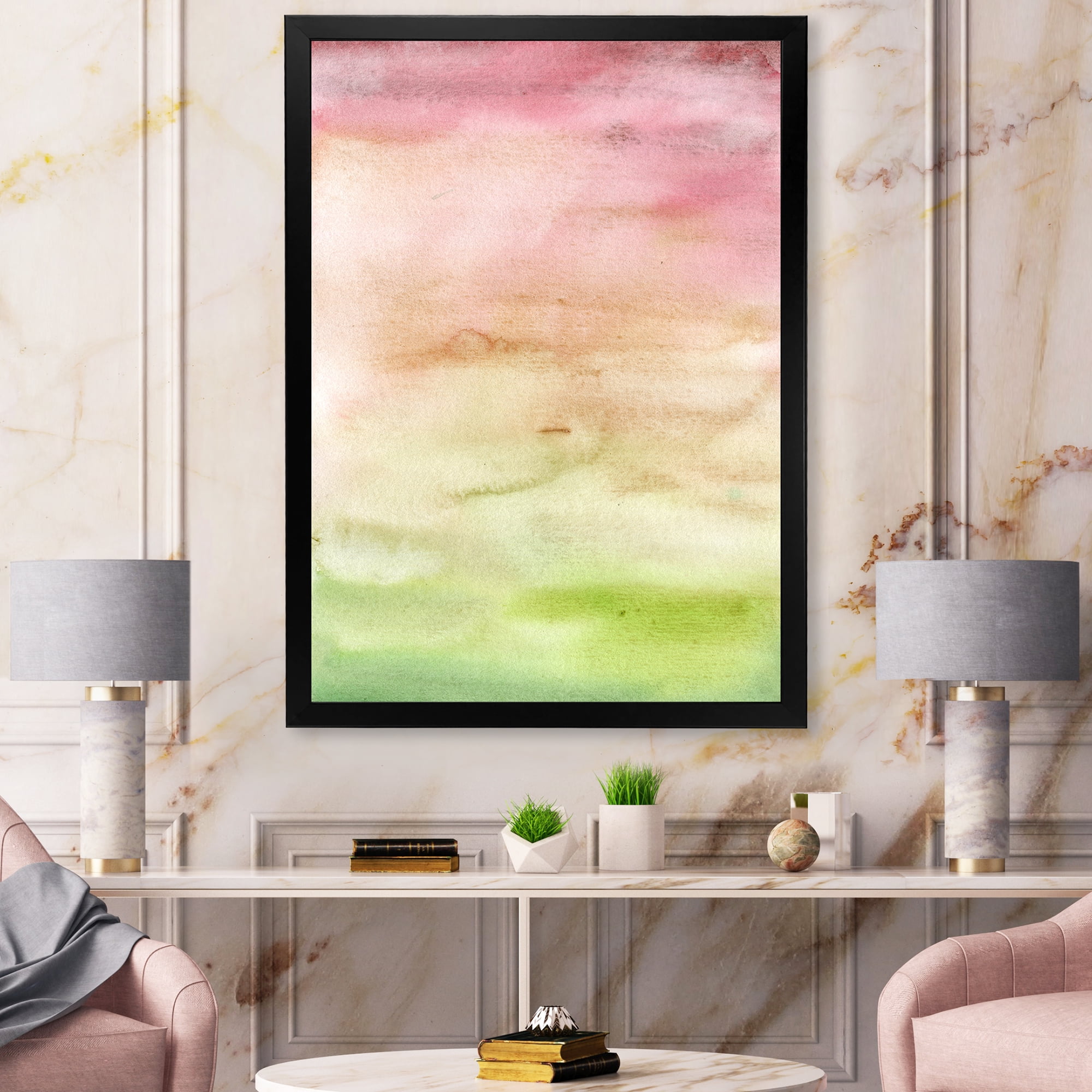 Designart 'Abstract Sunset With Pink Green and Beige' Modern Framed Art Print
