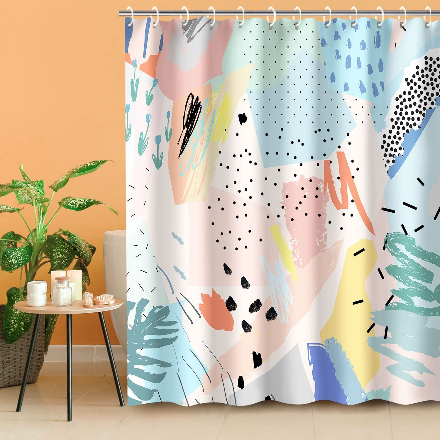 Modern Shower Curtain Abstract Shower Curtain, Colorful Shower Curtain Art Pink Minimalist Geometric Shower Curtains for Bathroom, Blue Green Yellow Bathroom Decor, 72" x 72" Inches