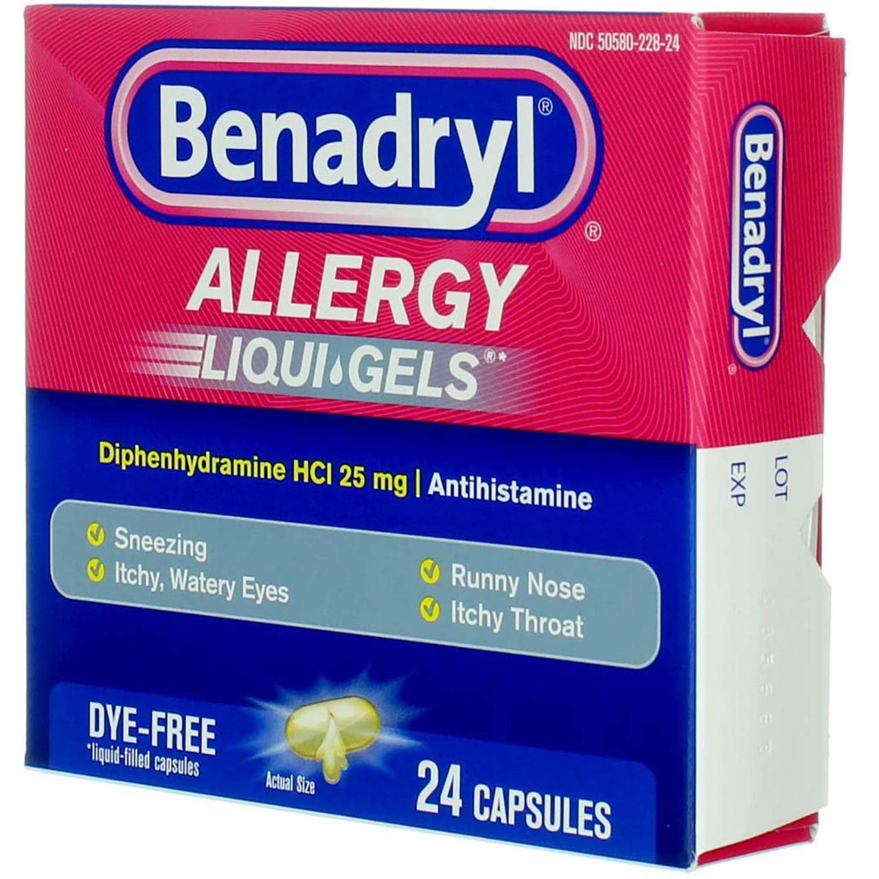 Benadryl Liqui-Gels Antihistamine Allergy Medicine & Cold Symptom Relief, Dye-Free Liquid Gelcaps with 25 mg of Diphenhydramine HCl for Symptoms Such As Runny Nose, Sneezing & More, 24 ct (Pack of 4)