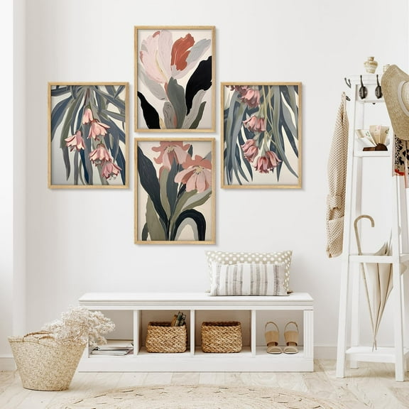 PixonSign Framed Wall Art Pastel Floral Paintings in Soft Tones Posters, Set of 4 Nature Wildflowers Botanical Illustrations Wall Decor, Adhesive Canvas Prints for Home Decor - 8"x10" Natural