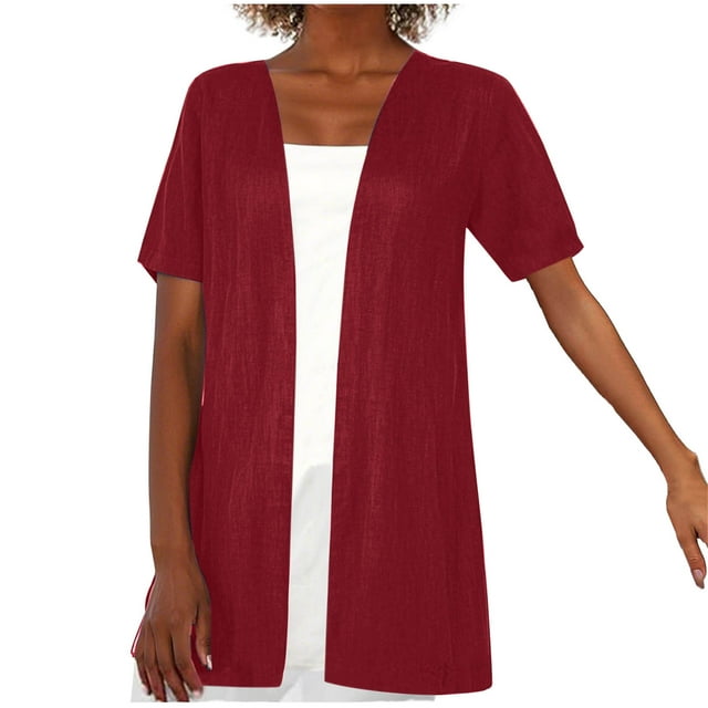 Olyvenn Cardigan Kimono à Manches Courtes pour Femmes, Léger, d'Été, en Lin, Hauts Cardigan Décontractés Amples, de Plage, Ouvert à l'Avant, Couvre-Maillot 2025 Rouge TG