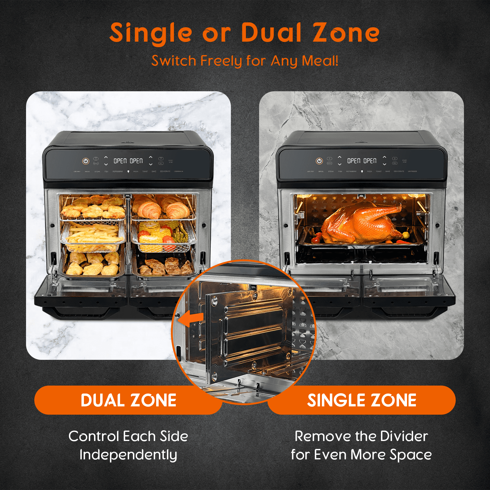 24QT Dual Zone Air Fryer Oven With Rotisserie,10-In-1  Internal Stainless Steel Toaster Oven Air Fryer Combo 1800W For Family Cooking