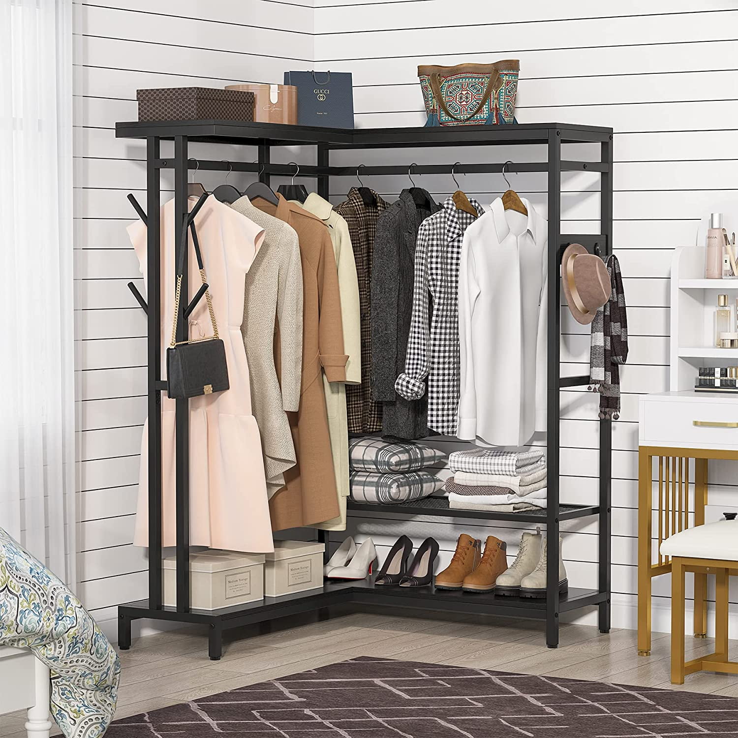 Tribesigns Corner Clothes Rack L Shape Garment Rack with Double Rod and