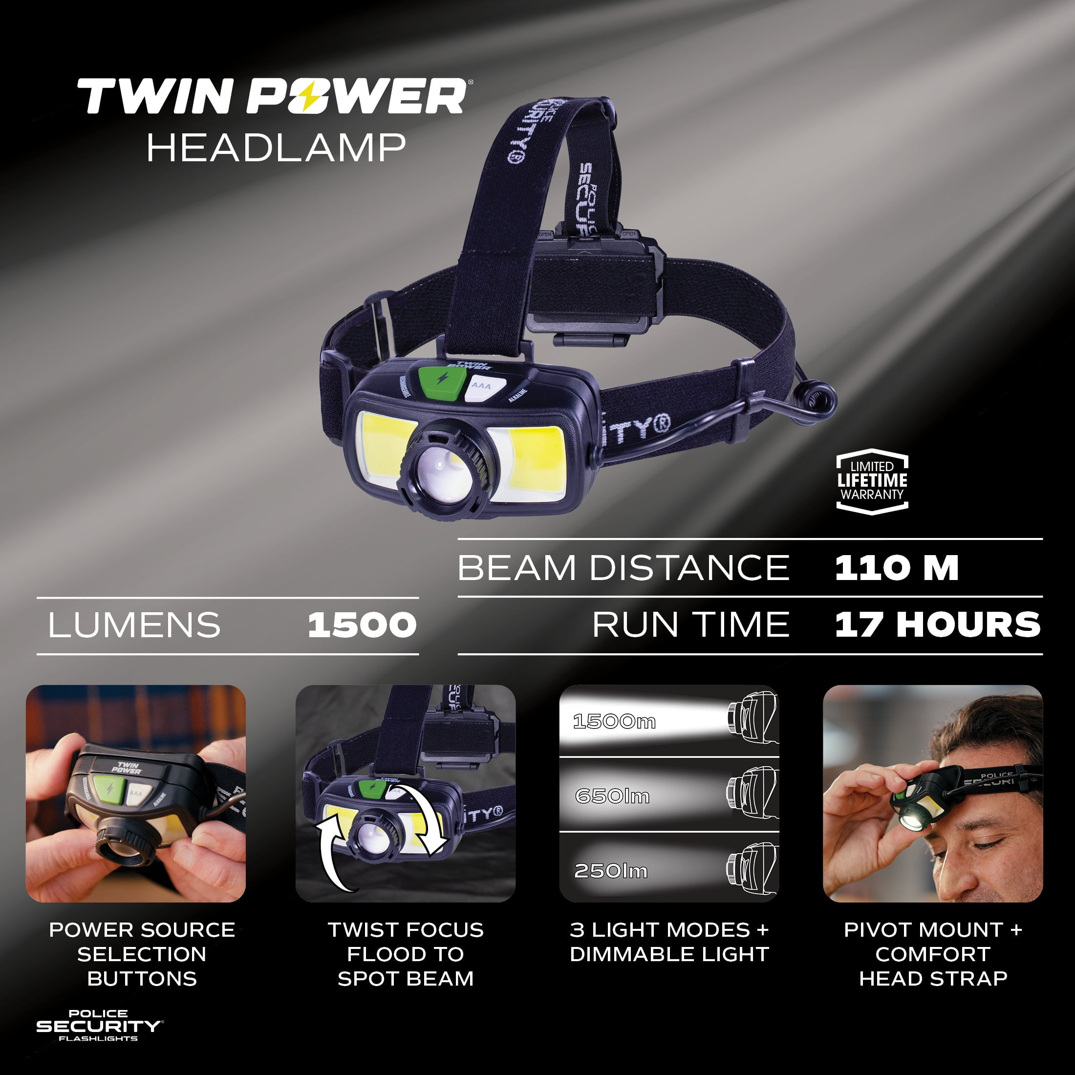 Police Security Twin Power 1500L Headlamp