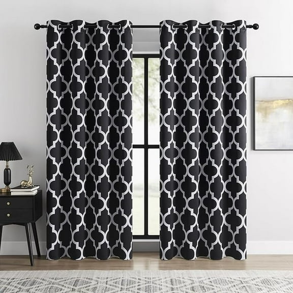 Moroccan Trellis Black And White 100% Blackout Curtains For Bedroom – Thermal Insulated, Noise Reducing, Grommet Top 53"W x 63"L (Pack of 2)