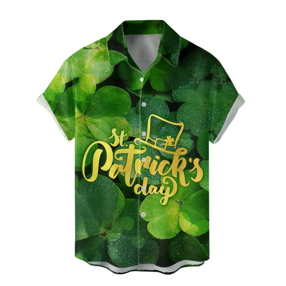 lcziwo Mens 2024 St Patricks Day Shirts Short Sleeve Clover Button Down Hawaiian Shirt Green Theme Shamrock Printed Casual Aloha T Shirts Bowling Tops,S-3XL L