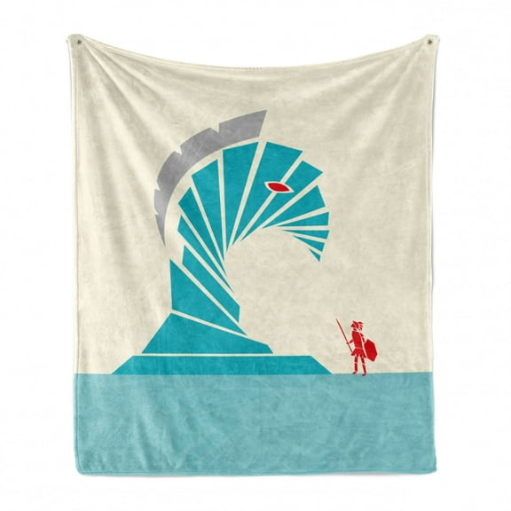 Odyssey Soft Flannel Fleece Throw Blanket, Illustration of Abstract Trojan Horse and Greek Man, Cozy Plush for Indoor and Outdoor Use, 50" x 60", Sea Blue Vermilion, by Ambesonne