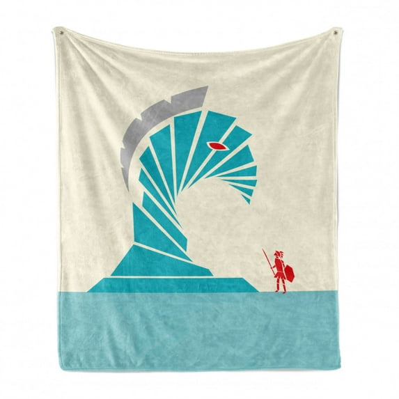 Odyssey Soft Flannel Fleece Throw Blanket, Illustration of Abstract Trojan Horse and Greek Man, Cozy Plush for Indoor and Outdoor Use, 50" x 60", Sea Blue Vermilion, by Ambesonne