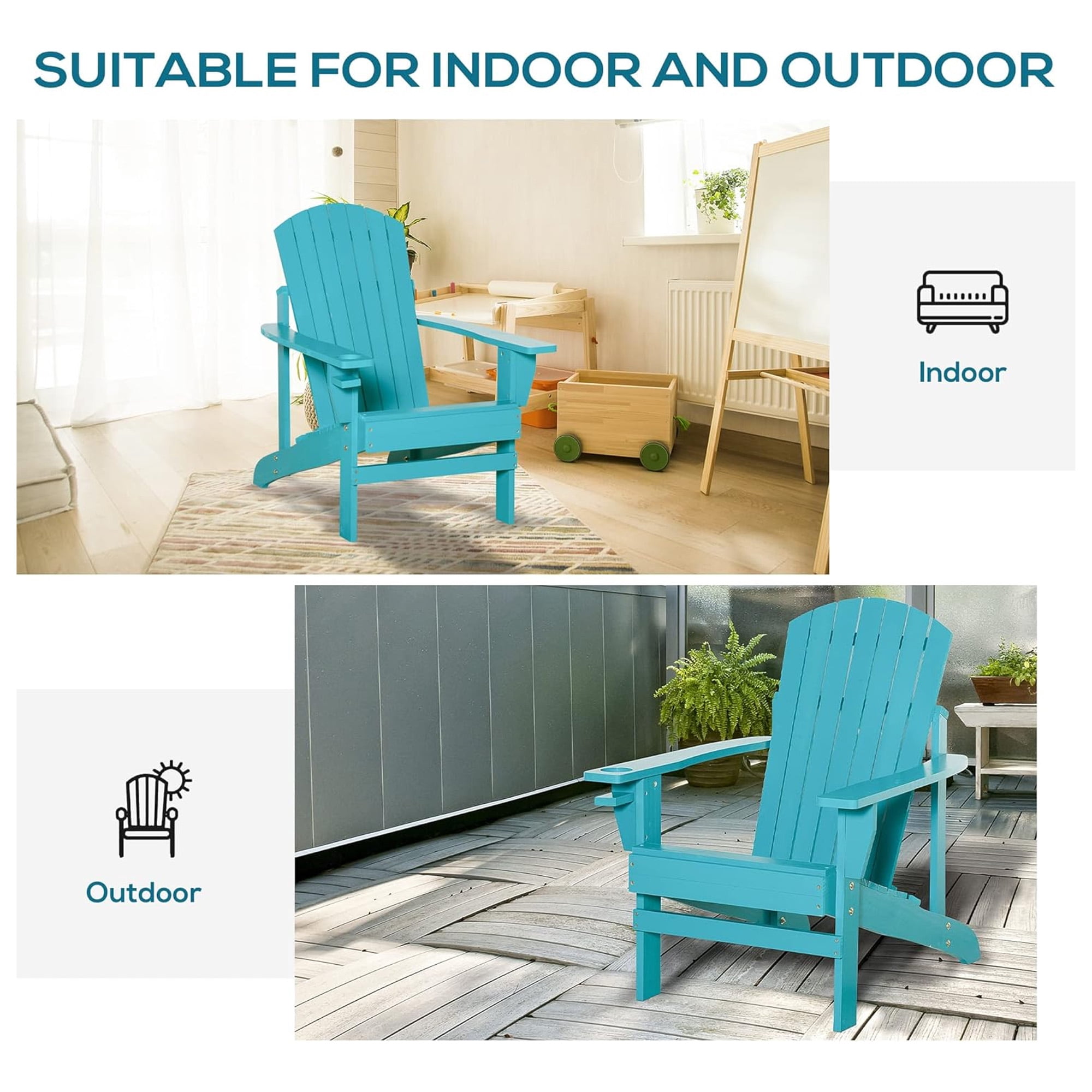Nalwort Adirondack Chairs, Outdoor Wooden Lawn Chairs with Cup Holder, Patio Chair for Garden,Yard,Poolside,Backyard, 350lb Weight Capacity (Blue)