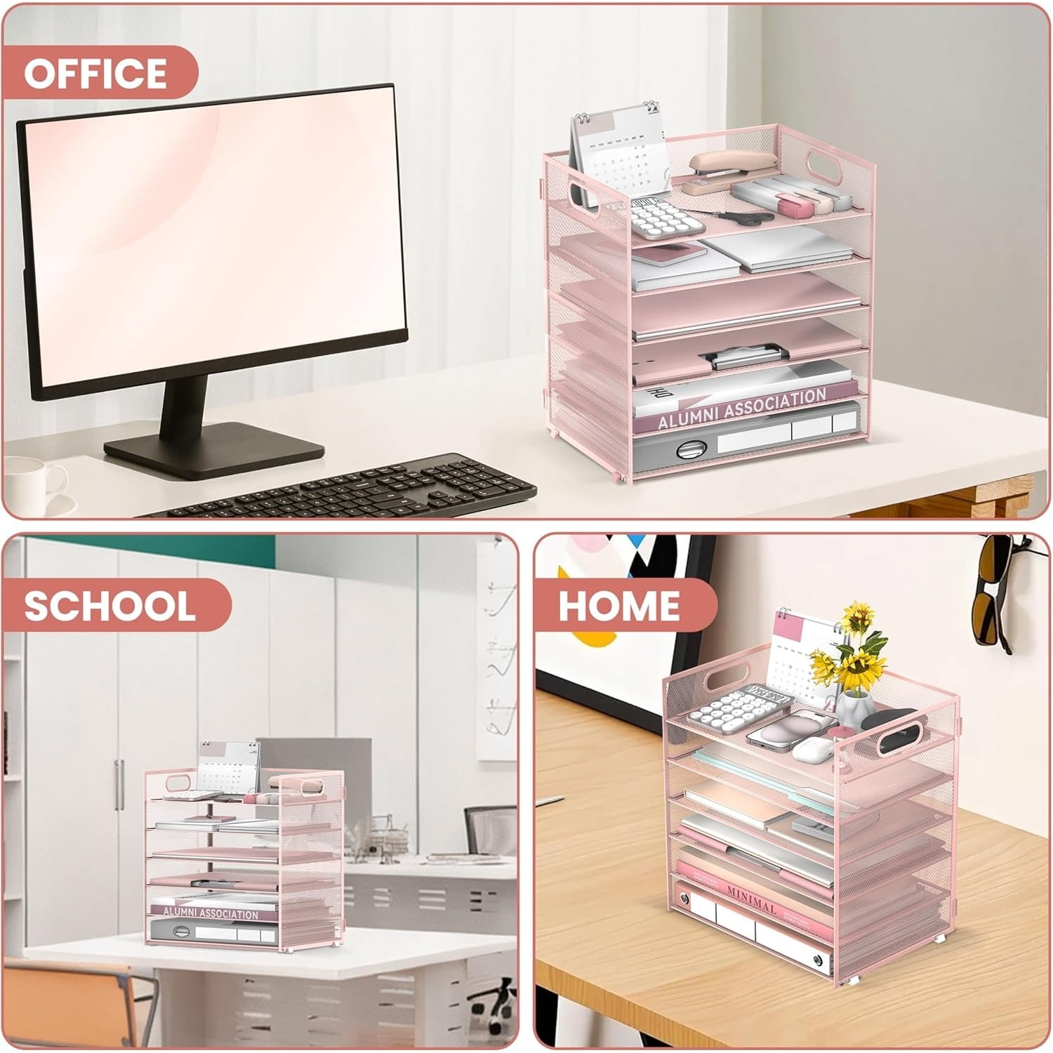 INTIGE 6 Tier Paper Organizer for Desk, Paper Letter Tray Organizer, Metal Mesh Desk File Organizers with Handle for Office/Home