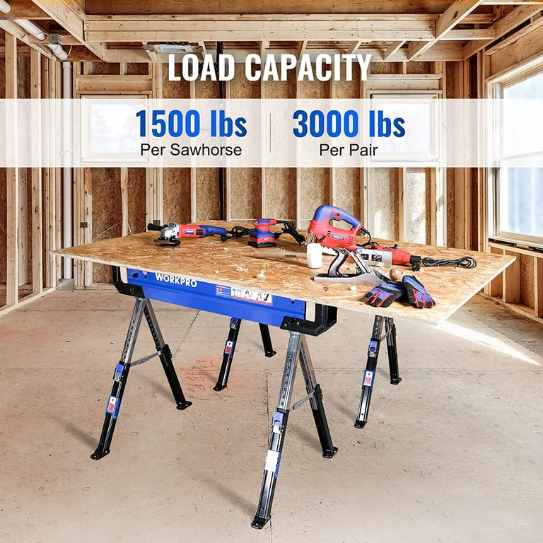 WORKPRO Folding Sawhorse 2 Pack Adjustable Heavy Duty Saw Horse with 2x4 Support Arms 3000 lbs Load Capacity 24 32 inch Height Adjustable Legs