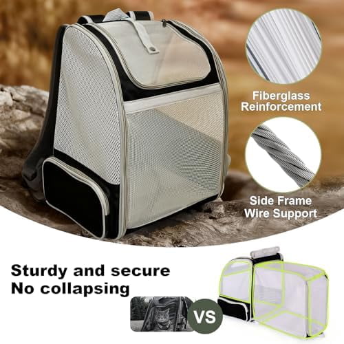 Backpack to Carry Cat and Small Puppy up to 16 Pounds, Breathable Pet Carrier to Transport Kitten Rabbit to Vet Visit Bag, Airline Approved Collapsible Expandable Black