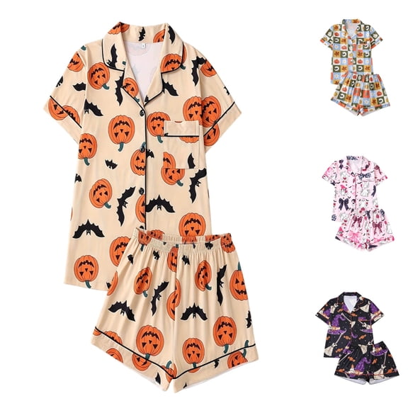 jiaxiM Sleepwear, Pajama Set, Halloween Pjs Women, Multi Color Spooky Print Lapel Short Sleeve 2 Piece Pajama Shorts Ladies Casual Night Suit