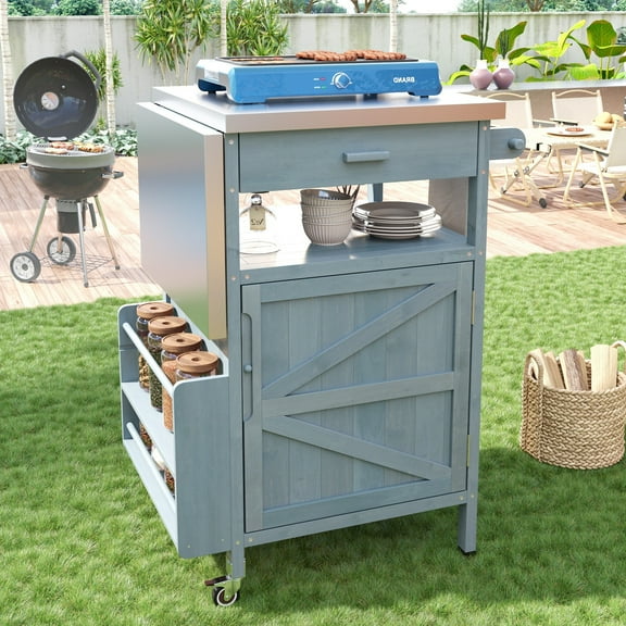 AENKYO Outdoor Grill Cart with Stainless Steel Top, Drop Leaf, Cabinet & Wheels, BBQ Prep Table for Patio & Backyard, Gray Blue