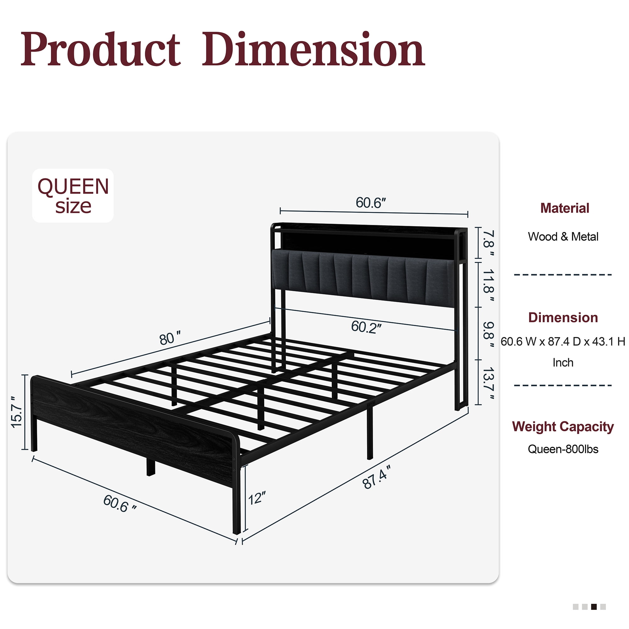 Walsunny Queen Bed Frame with Led Light, Metal Platform Bed with Charging Station and Linen Fabric Storage Headboard, Strong Metal Slats