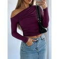 thumbnail image 4 of Women'S Casual Long Sleeve Boat Neck Off Shoulder Slim Fit Crop Top Going Out Blouses Y2K Tight Shirts  Red S, 4 of 5