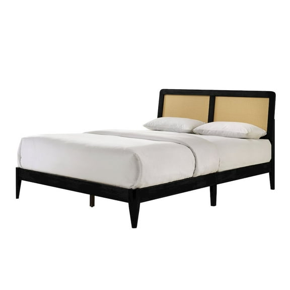 Omax Decor Liam Wooden Queen size Platform Bed with Rattan Headboard in Black