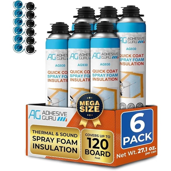 Adhesive Guru Heat Insulation Spray Foam (6x32.80 oz / 120 Board ft), Foam, Bond Polyurethane Self Expanding, Heat and Sound Insulation - 6 Pack